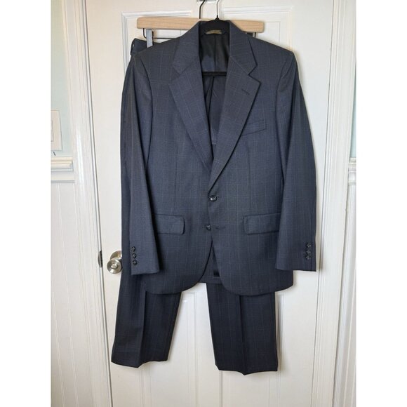 Gant Men’s 2 Piece Navy Blue Windowpane Check Pleated Euro Fit Suit Size In Disc - Picture 2 of 16